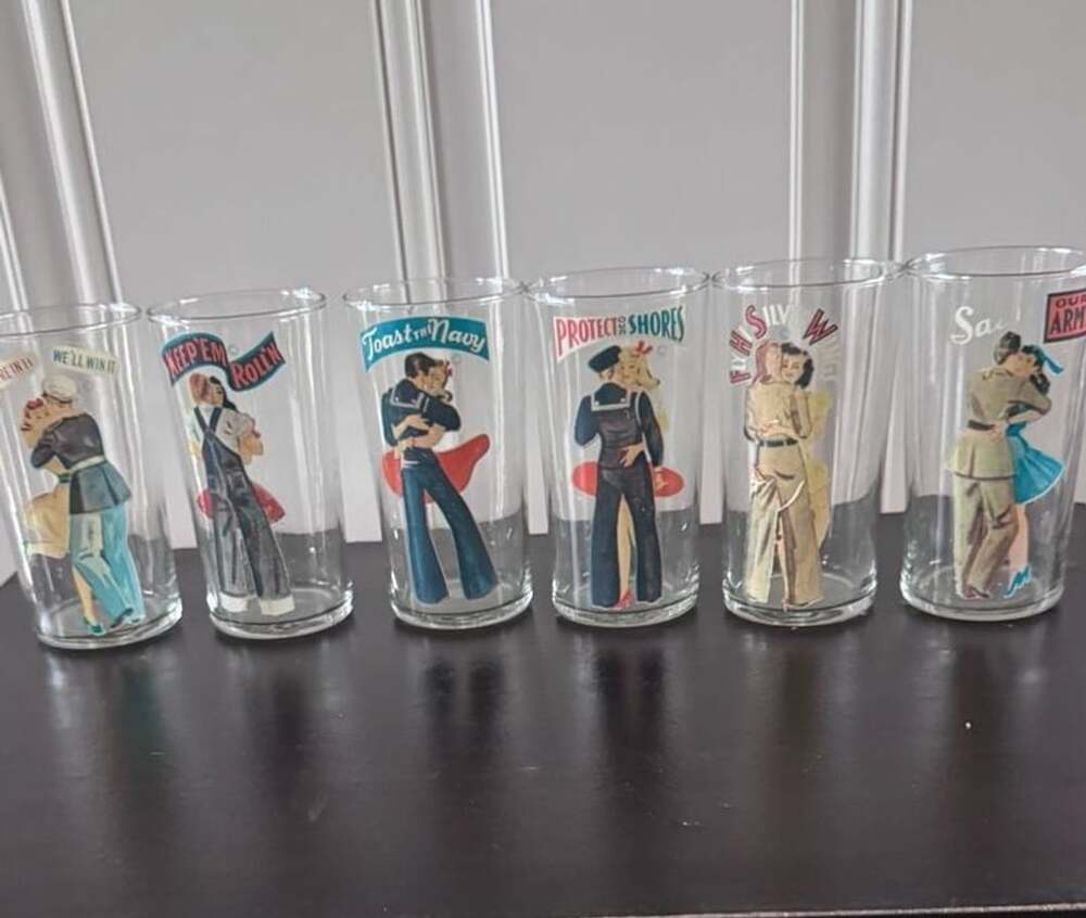 Vintage WWII Homefront Victory Drinking Glass Set Of 6